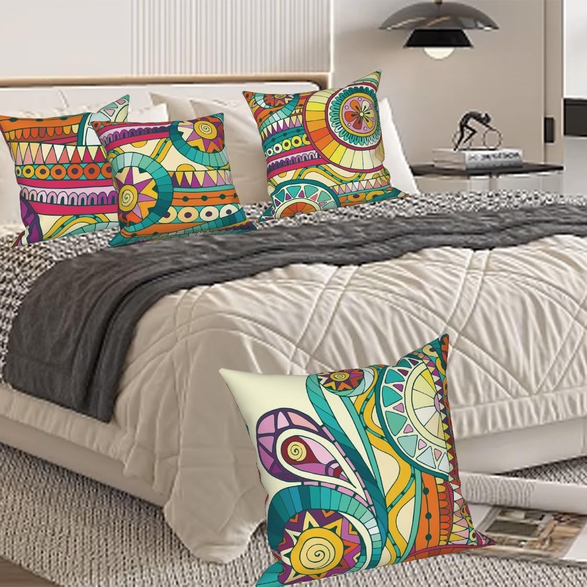 Bohemian Style Throw Pillow Covers 18"x18" Set of 4, Boho Pillowcase Vintage Flowers Cushion Cover for Couch Sofa Bed Chair Living Room Farmhouse Indoor Outdoor Home Decorative