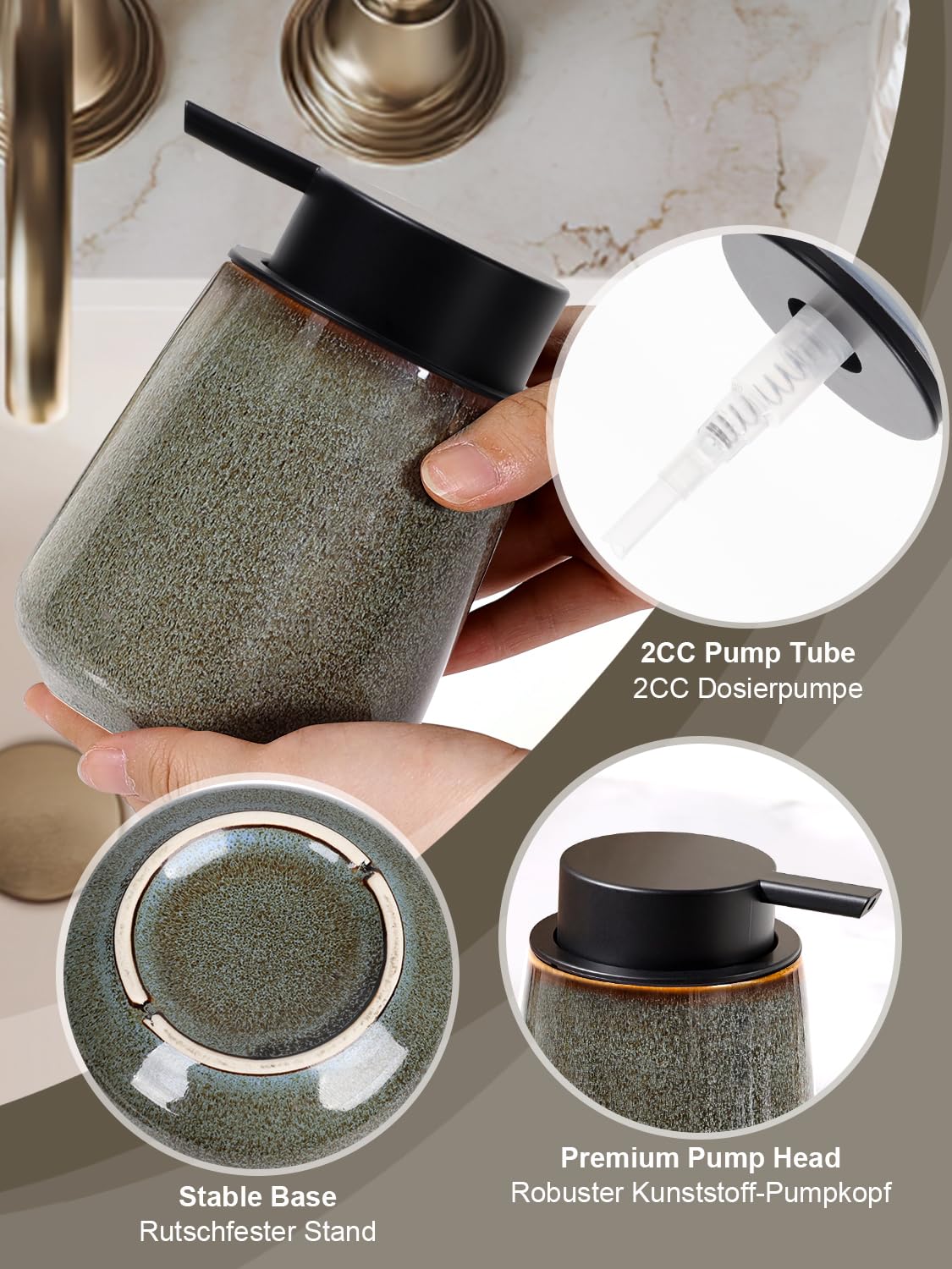 Seifenspender aus Natürlichem Porzellan Spülmittelspender, 350ml Seifenspender Steingut Soap Dispenser für Bad, Küche, Nachfüllbar Flüssigseife Spender mit Groß Pumpenkopf, Grün Braun