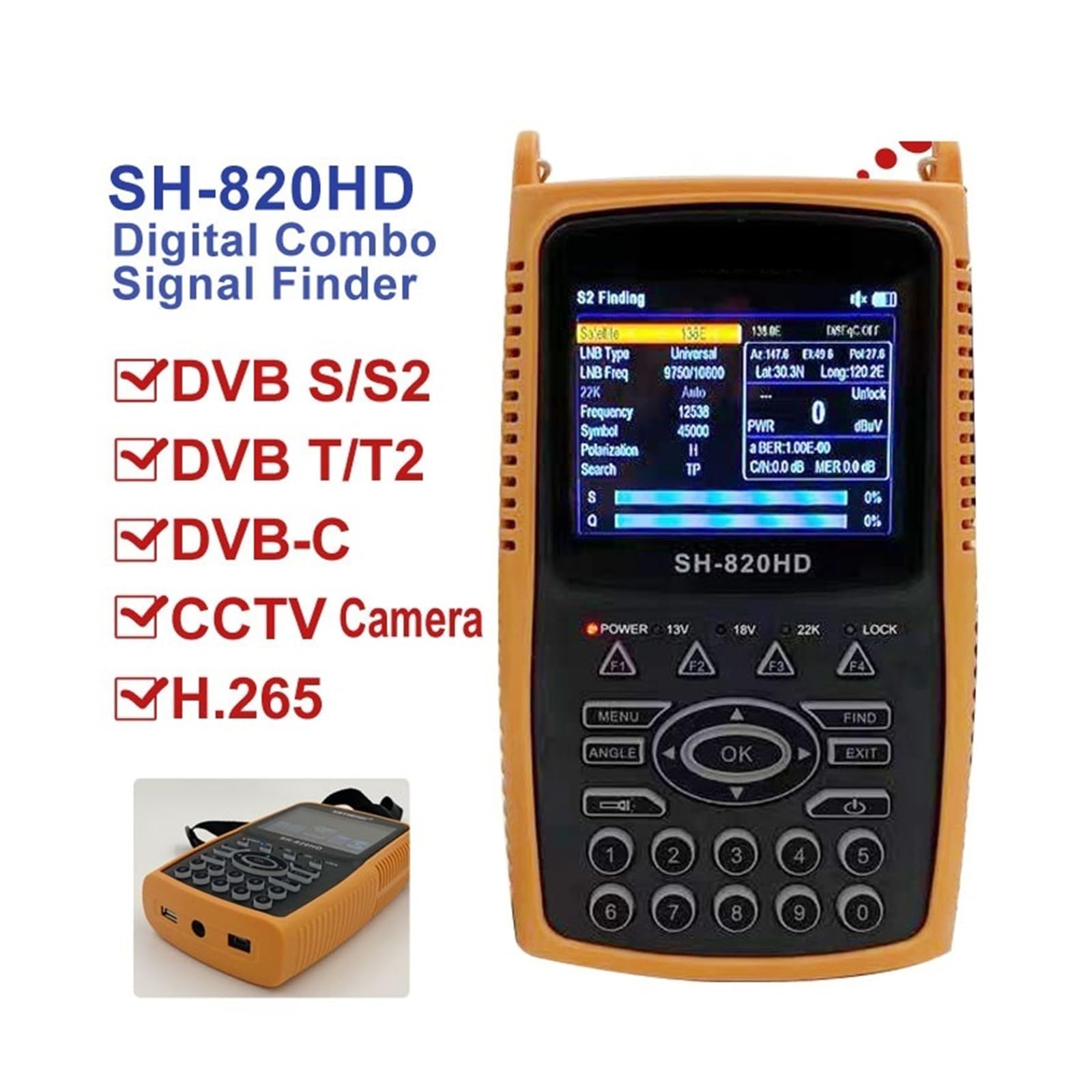 Buscador de satélite Digital DVB-S2 medidor de Intensidad de señal con Pantalla LCD CCTV AHD TVI CVI probador de cámara Pantalla LCD(820HD-S2-T2)