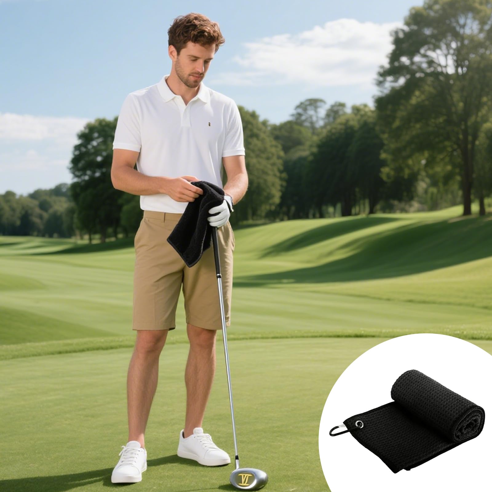 2 Stück Golf Handtuch,Golf Handtucher,Golfhandtuch,Golf Reinigungstuch mit Clip für Golf Yoga Camping Gym 30×50CM,Schwarz