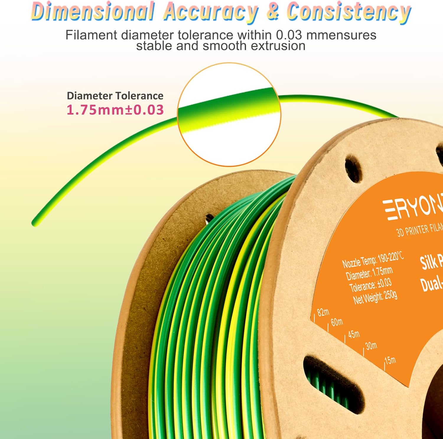 ERYONE Silk Dual Color PLA Filament 3D Printer 1.75mm +/- 0.03mm, Bicolor Filament Two Tone PLA 250g(0.55lbs) Cardboard Spool, Yellow Green - Image 4