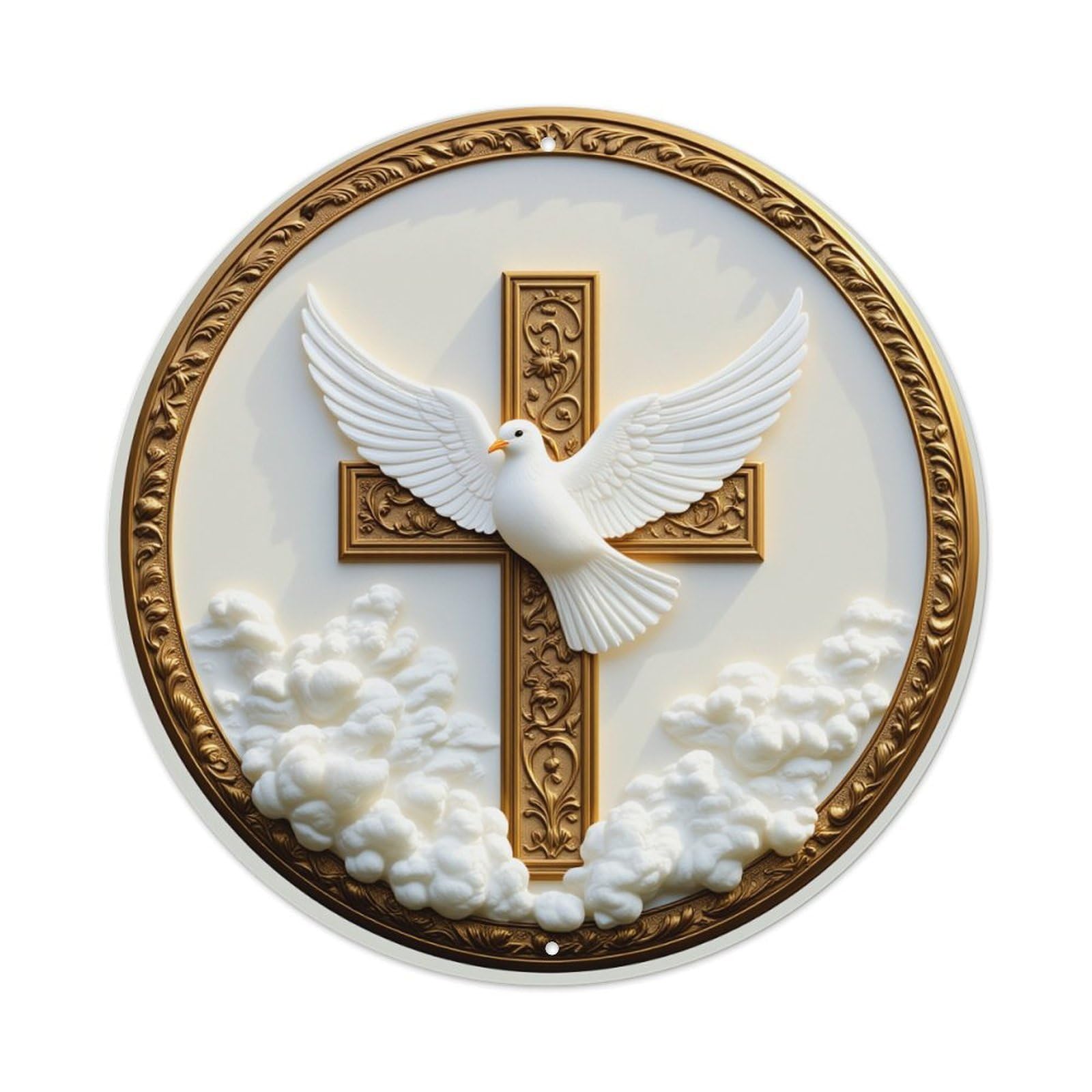 Cross Dove Clouds Gold Round Tin Sign Vintage Metal Poster, Home Bar Garage Man Cave Cafe Indoor & Outdoor Wall Decoration 8x8Inches