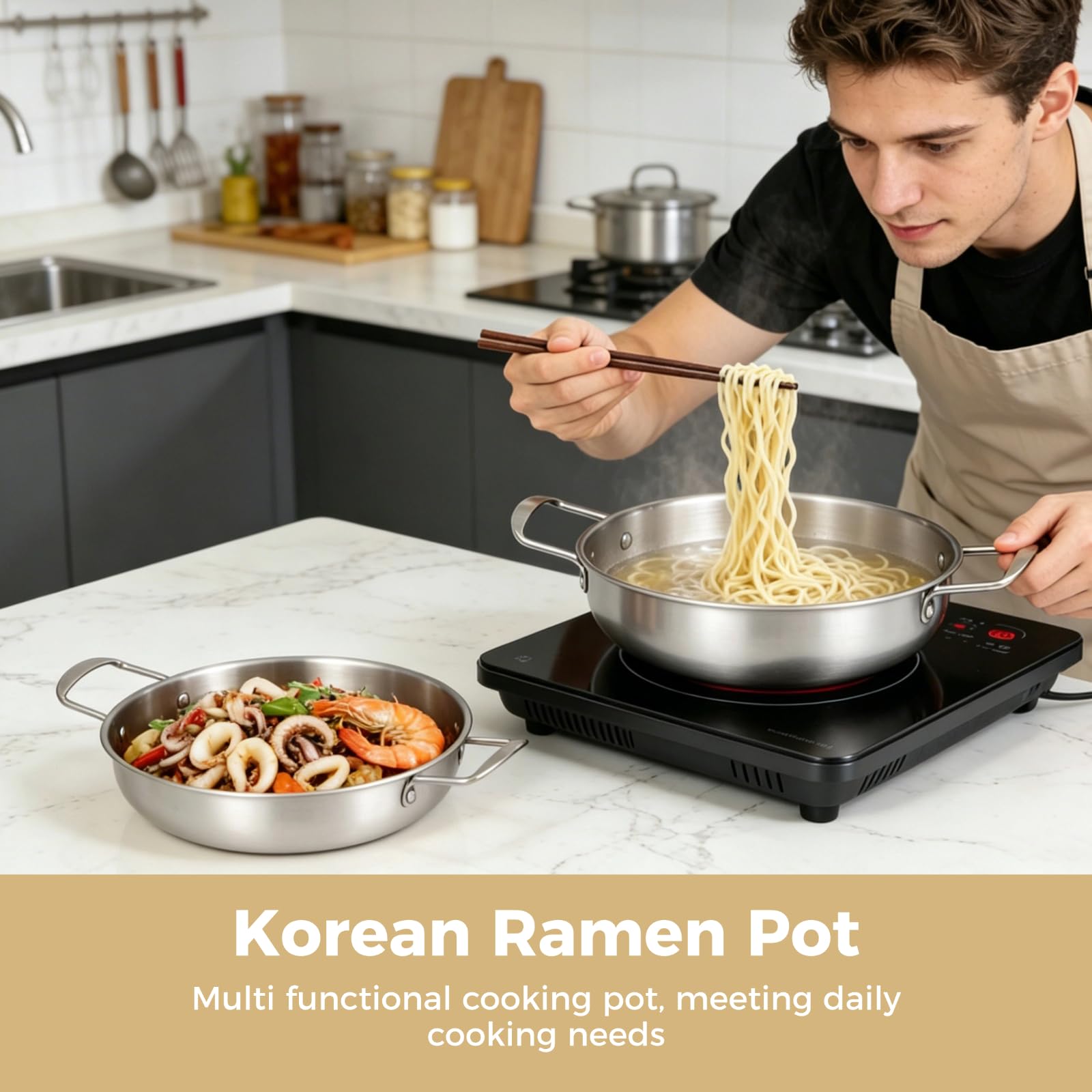 4 Stk Koreanische Ramen Töpfe Set, Nudeltopf aus Edelstahl mit Doppelgriff, flacher Boden, 21,3 bis 27,2 cm Durchmesser, für Nudeln, Pasta, Suppe und koreanisches Kochen