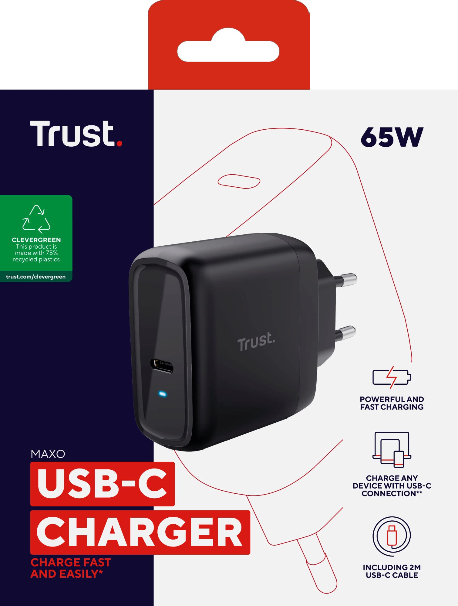 Trust Maxo Caricatore USB-C da 65W con Cavo USB-C da 2m, Nero | Caricatore Rapido, 75% con Materiali Riciclati, Adattatore di Alimentazione per iPhone iPad Samsung Smartphones Tablets