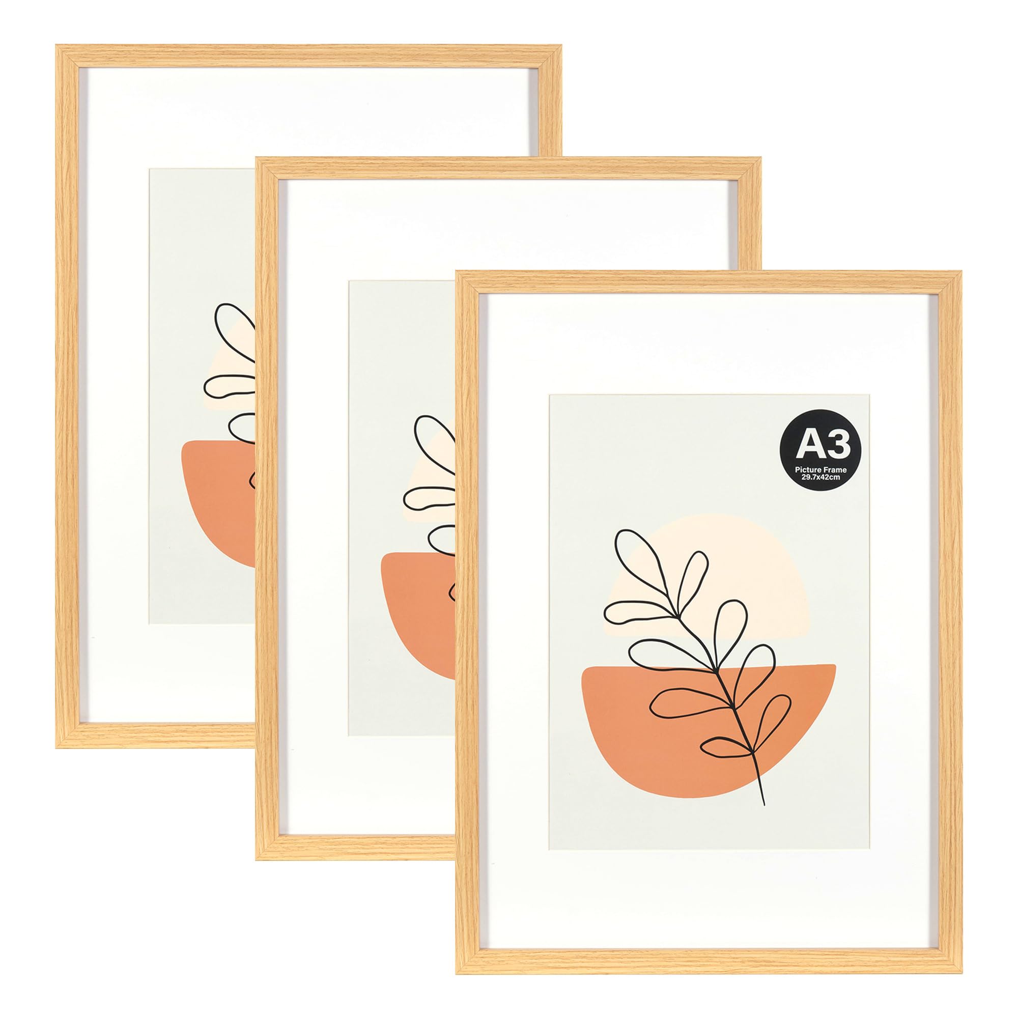 KAIWIN Picture Frame Oak A3 Set of 3-21x30 cm (A4) with Mat, Photo frame with acrylic glass for hanging, For photos, posters, puzzles| Poster frame