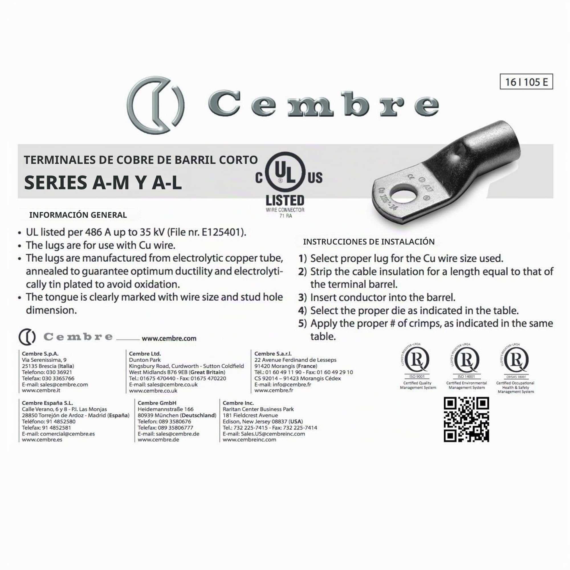 Cembre A7-M8-10 Terminales de Cable de Cobre Estañado 35 mm² M8 | Conectores de crimpado sin aislamiento para instalaciones eléctricas en coches y hogar con orificio de inspección visual