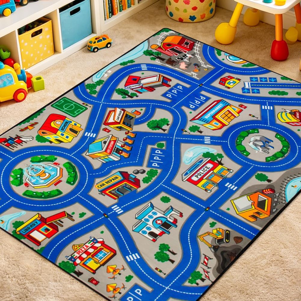 Car Play Rug for Kids, Road Mat for Toy Cars, Interactive Play Carpet for Children, Non-Slip Car Rug play mat for Bedroom Classroom Playroom 60x 90cm2