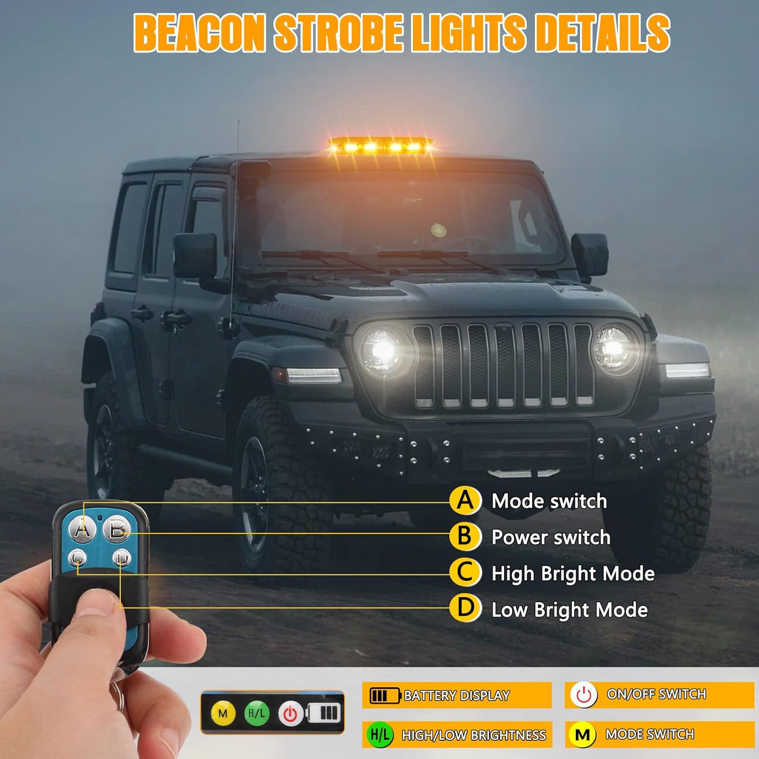 Rechargeable Emergency Roof Top Strobe Light Wireless Battery, 17 Flashing Modes,High Low Brightness, Hazard Traffic Advisor Lights w/Magnetic Base, Remote Control for Construction Vehicles