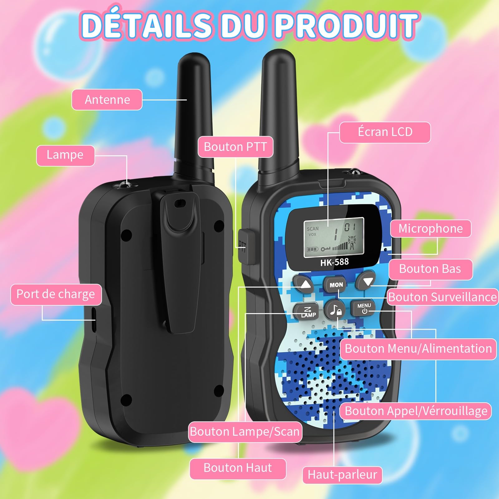 Walkie-Talkies pour Enfants Rechargeables 8 Canaux Autonomie 48h Torche Portée 3KM Camping Jeux
