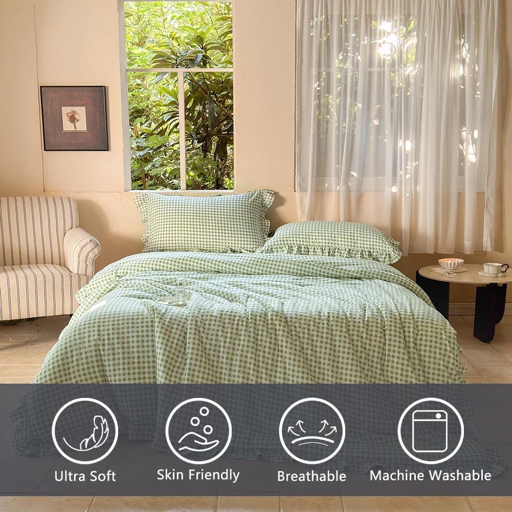 NSNLGSGC Sage Green Ruffle Gingham Comforter Set Queen, Pre-Washed Ruffled Plaid Checked Comforter Bedding, 3 Pieces Vintage Farmhouse Grid Bedding Set(Green Gingham, Queen)