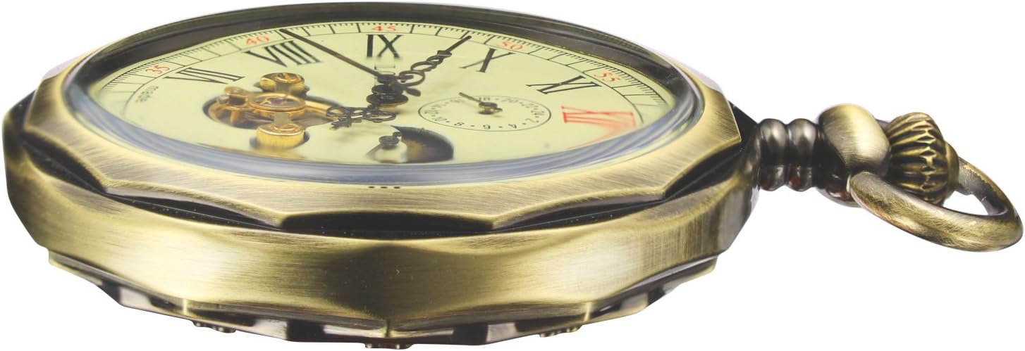 TREEWETO Mechanical Pocket Watches Roman Numerals Open Face with Chain Men 24-Hour Moon Sun + Box