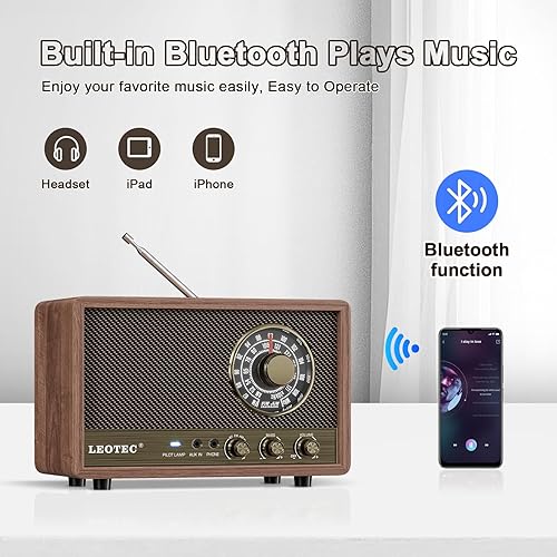 Miniatura 2 de LEOTEC Radio AM FM, radio de mesa de madera retro, altavoz Bluetooth portátil enchufable en la pared, la mejor recepción con AUX, conector para