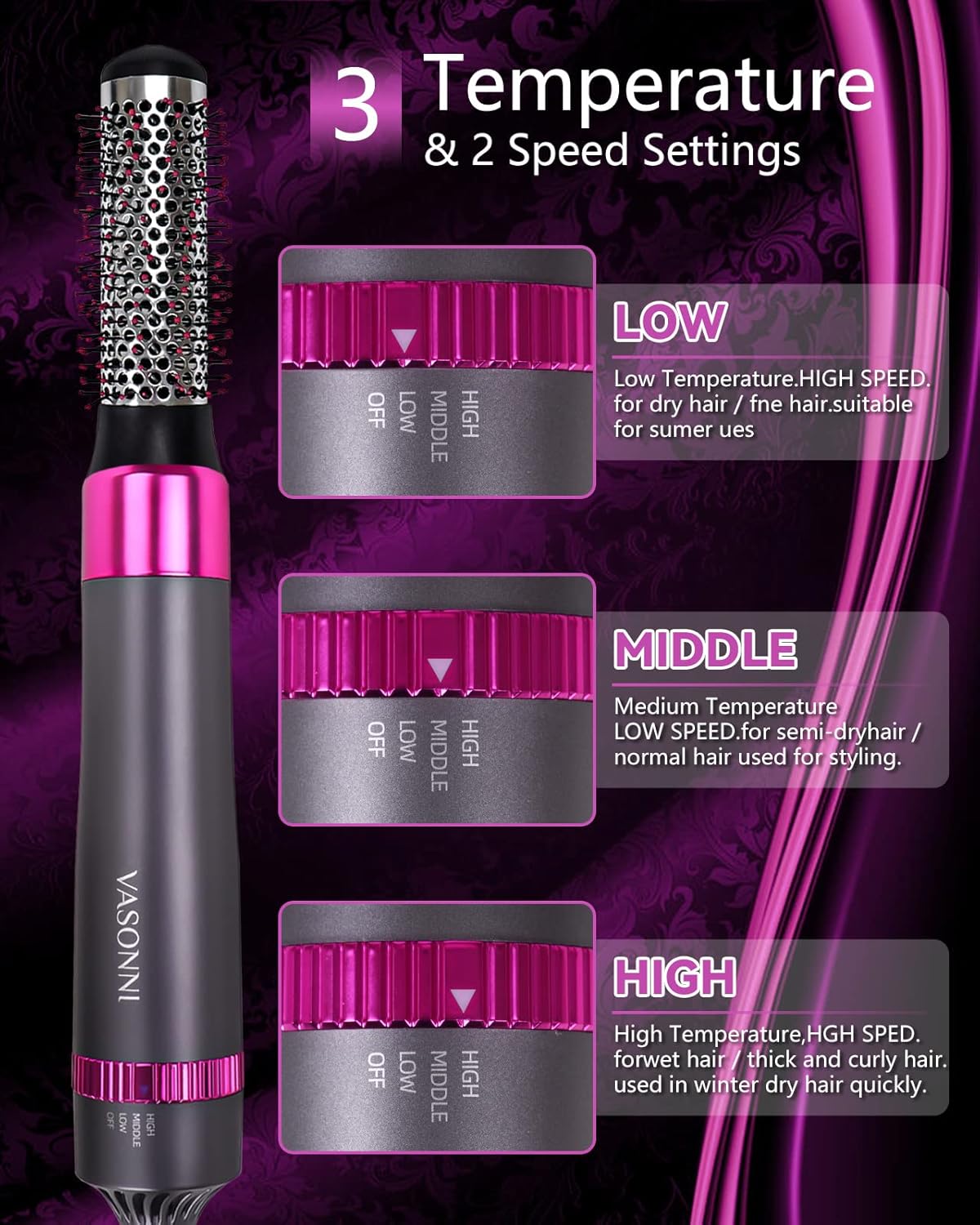 5 in 1 Hair Dryer Brush, Negative Ion Electric Hot Air Blow Dryer Brush Comb (black-red)