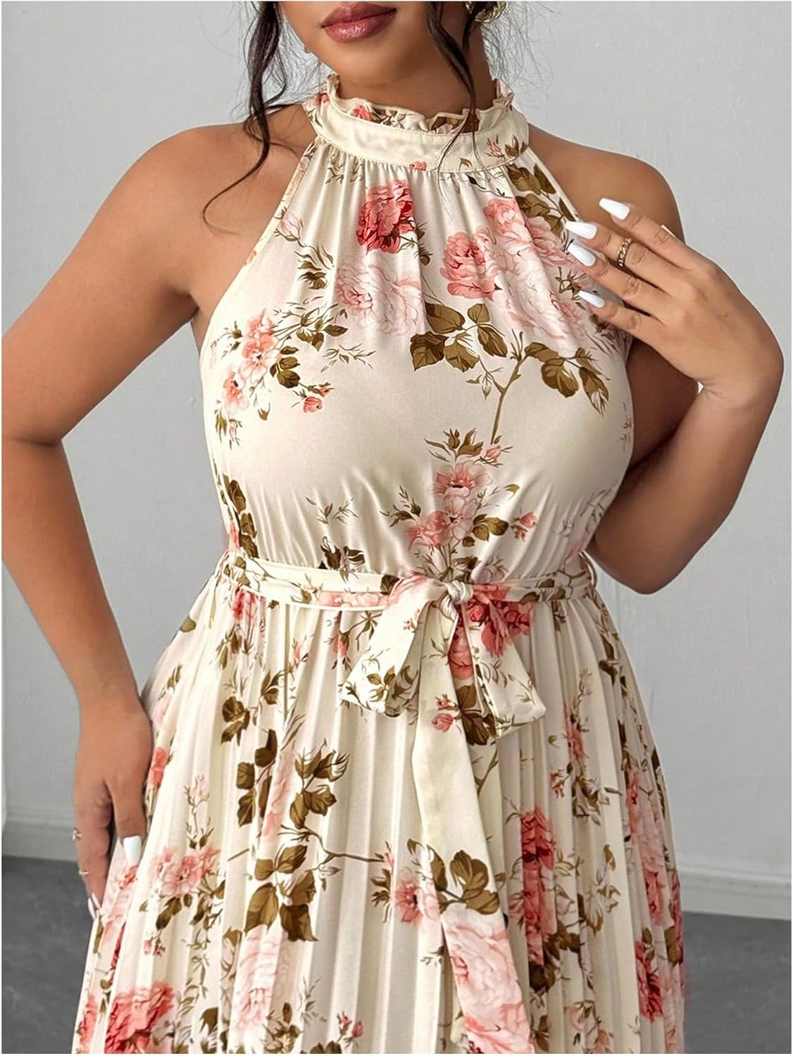 OYOANGLE Women's Plus Size Floral Sleeveless Halter Maxi Dress Boho Belted Pleated A Line Sundress - Image 3
