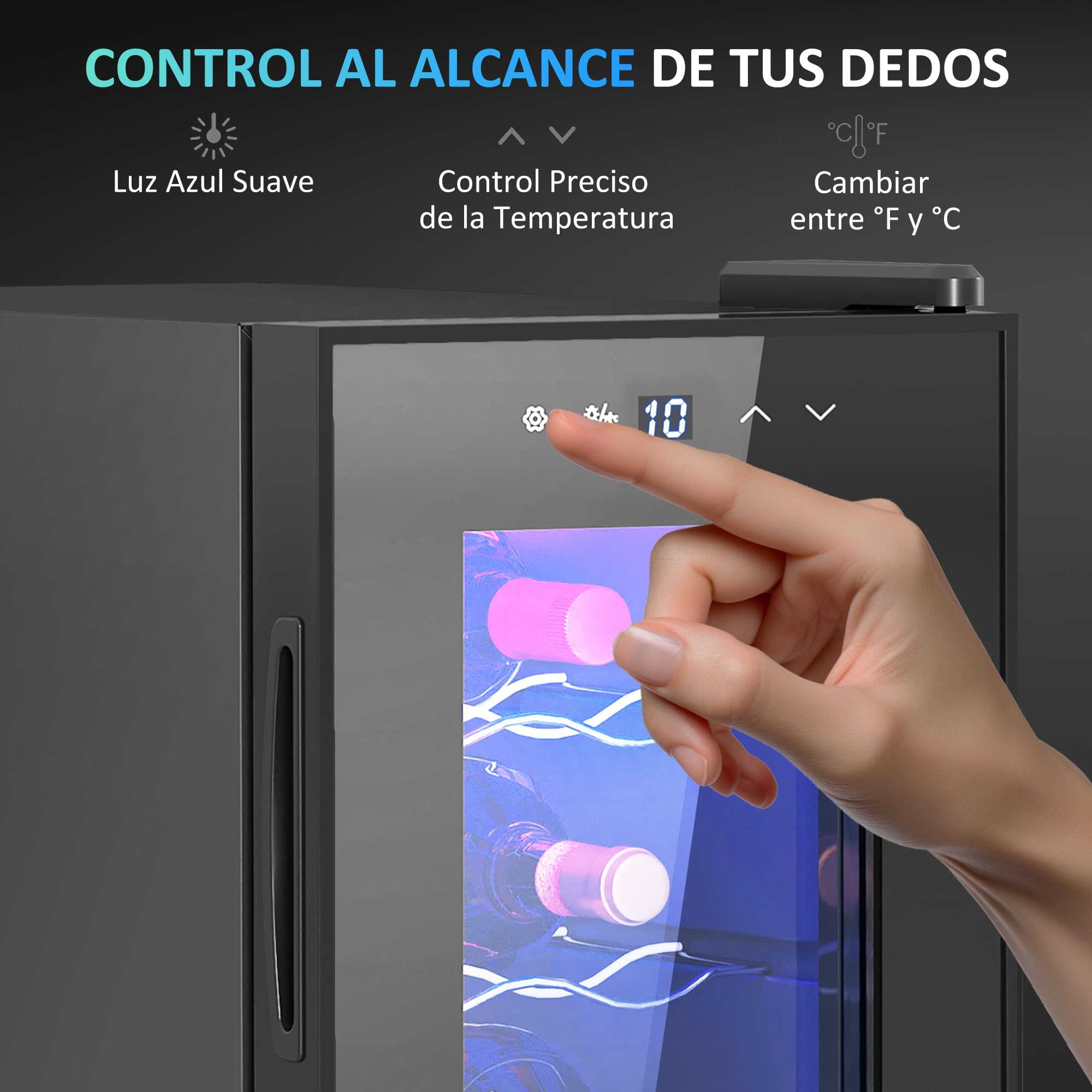 HOMCOM Vinoteca 6 Botellas, Nevera para Vinos con Doble Refrigeración Termoeléctrica, Temperatura Ajustable 8-18℃, Puerta de Vidrio, Anti-UV, Pantalla LED, Luz Interior, Negro