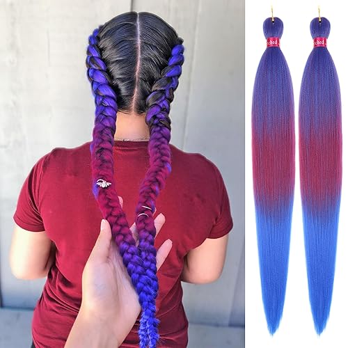 Ombre Blue-Rose Red-Pink Braiding Hair Extension, 28 Inches Pre Stretched
