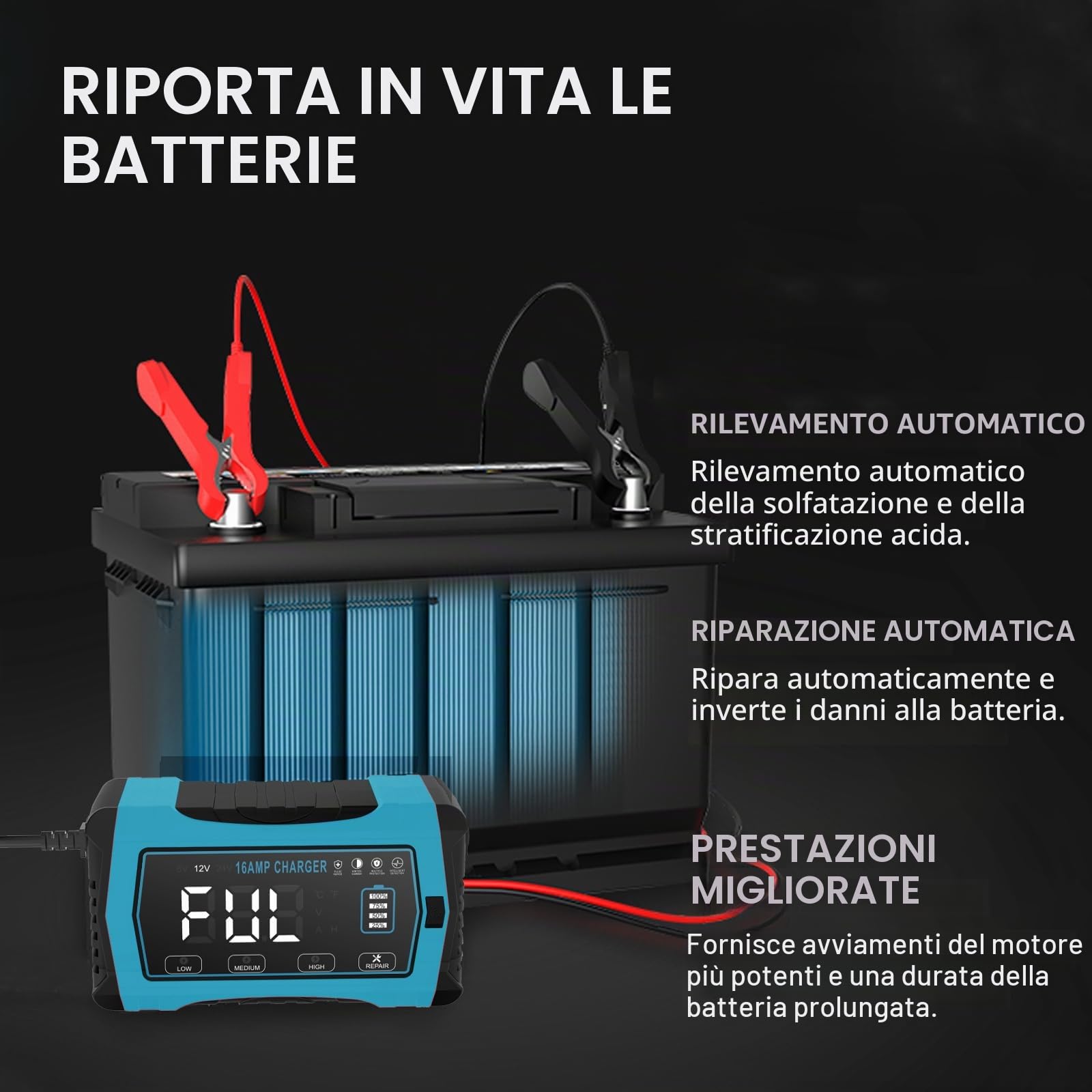 Haisito Caricabatterie per auto da 16 A, 12 V, 16 A, 24 V, 10 A, batteria al litio LiFePO4, caricabatterie al piombo acido (AGM, SLA ecc.) con funzione di ricarica a 10 livelli, schermo LCD per auto