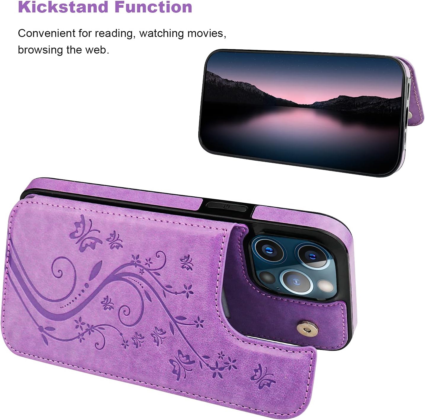 Vaburs Compatible with iPhone 13 Pro Max Case Wallet with Card Holder, Embossed Butterfly Pattern PU Leather Double Buttons Flip Shockproof Protective Cover for Magnetic Car Mount 6.7 Inch (Purple)