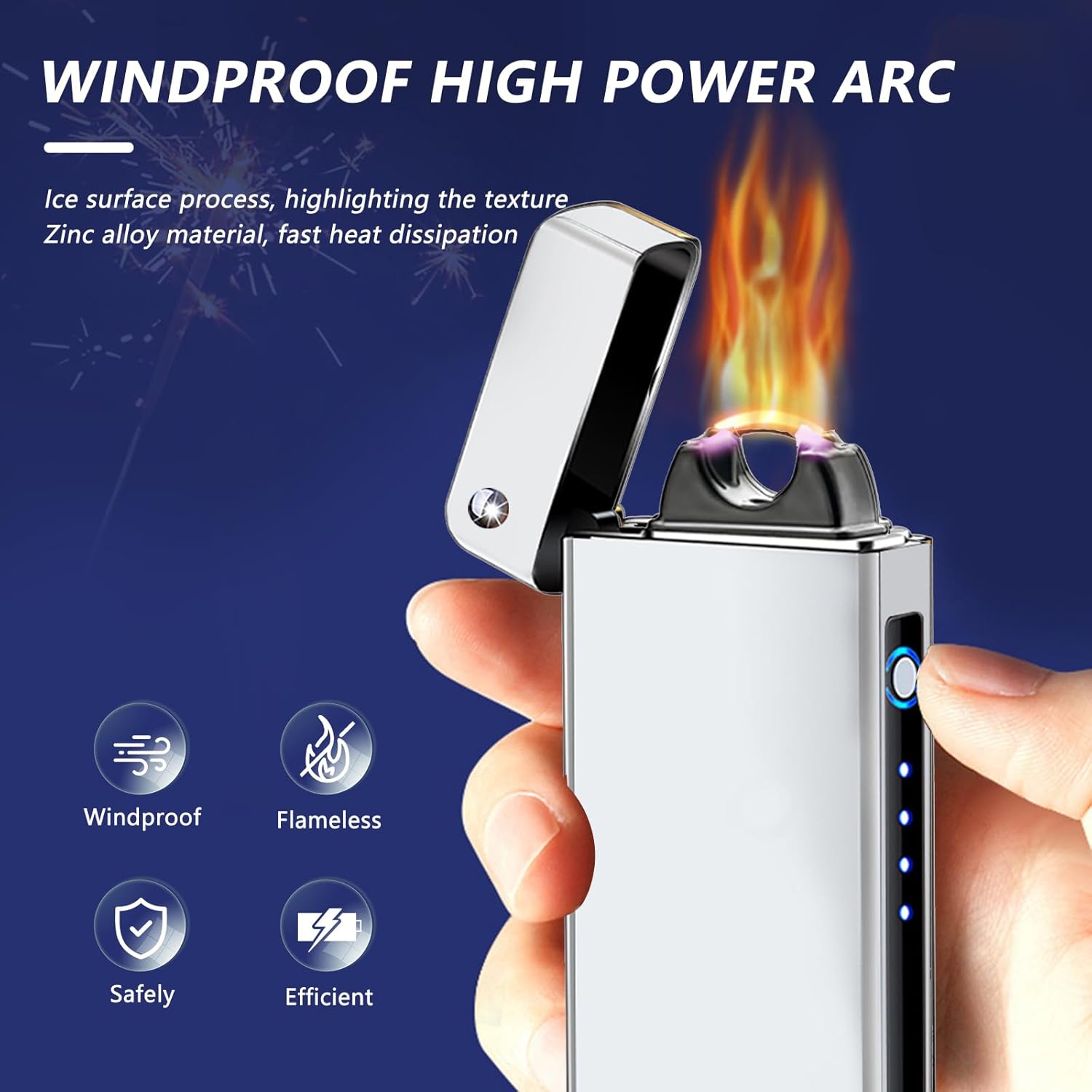 BABOBIU Cool Lighter Flame Lighter Rechargeable Lighters Windproof Lighters Metal Body Battery Display Arc Flame Push Button Type-C Fast Charging for Camping BBQ Fireworks Gifts (Silver)