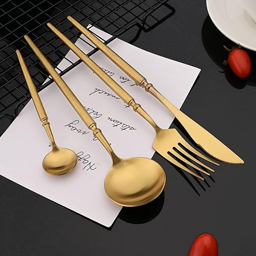 Miniatura 31 de JASHII Juego de cubiertos único de 16 piezas, acero inoxidable 304, acabado mate, juego de cubiertos vintage con mango vintage, cuchillo tenedor