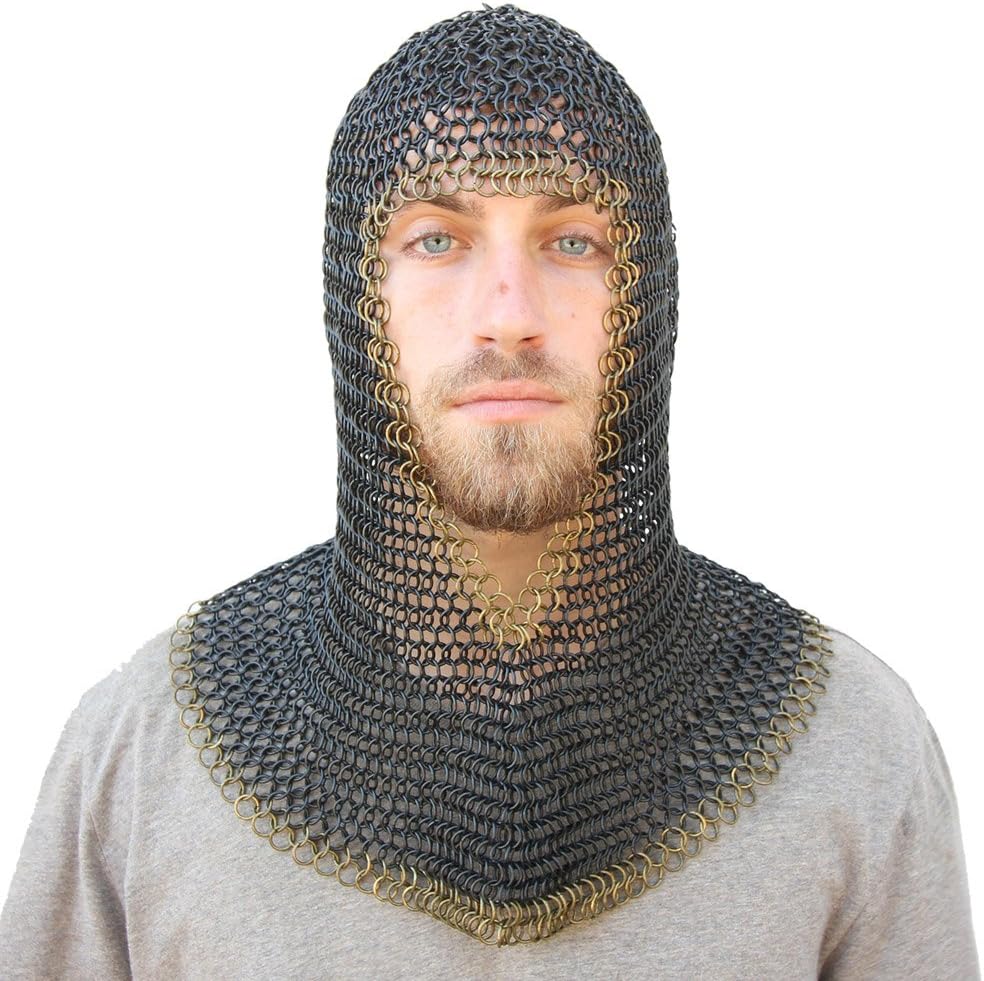 MedievalDepot Medieval V Face Mild Steel Chainmail Coif Armor – Historically Accurate Mail Coif for Reenactments and Cosplay