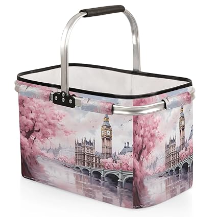 Kizmoglux Paris Flower Pink Collapsible Market Basket, Foldable Picnic Basket - Large Shopping Basket with Handles, Portable Folding Bag for Shopping Camping Picnic