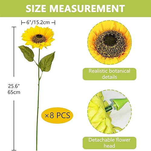 Miniatura 3 de 8 piezas de girasoles artificiales grandes de 6 pulgadas de floración completa, girasol artificial de 26 pulgadas de alto, girasoles de seda roja