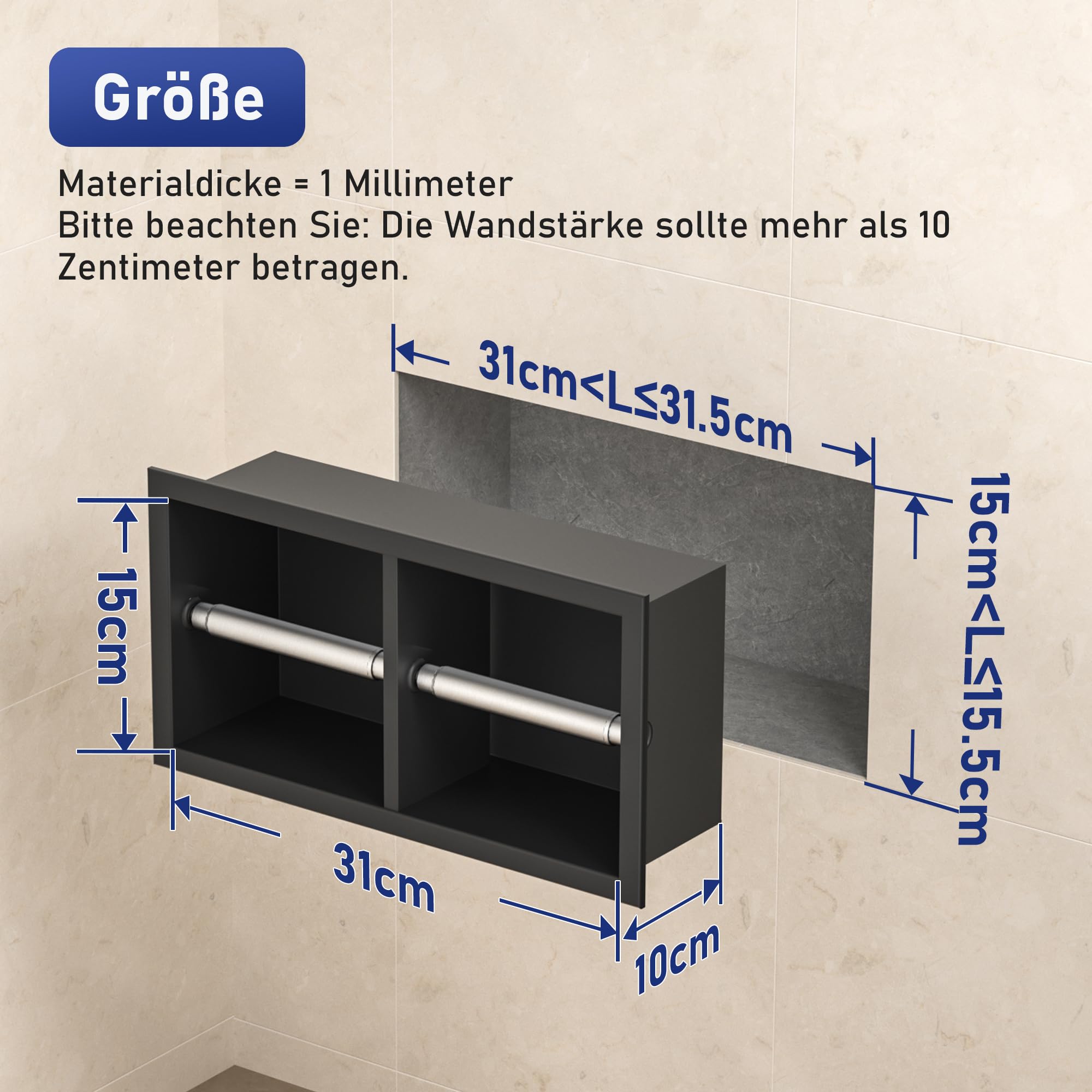 Unterputz Toilettenpapierhalter Edelstahl, WC Badezimmerschrank mit Toilettenpapierhalter Halterung, Klopapierhalter mit aufbewahrung, 10×18×34cm, Schwarz