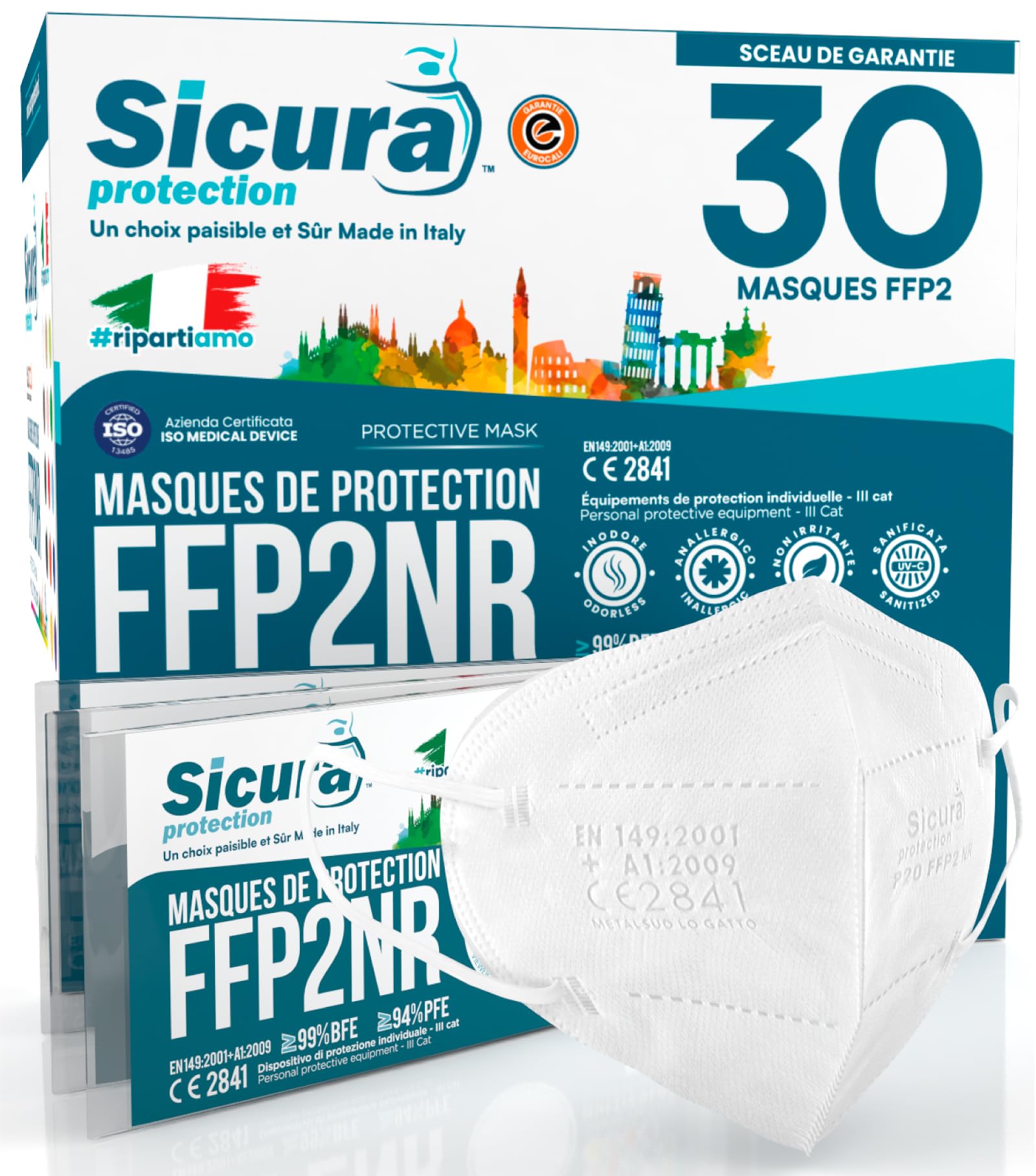 30 masques FFP2 Blanc certifié CE Fabriqué en Italie Sicura BFE ≥99% SANITIZÉ et scellé individuellement EN 149:2001+A1:2009