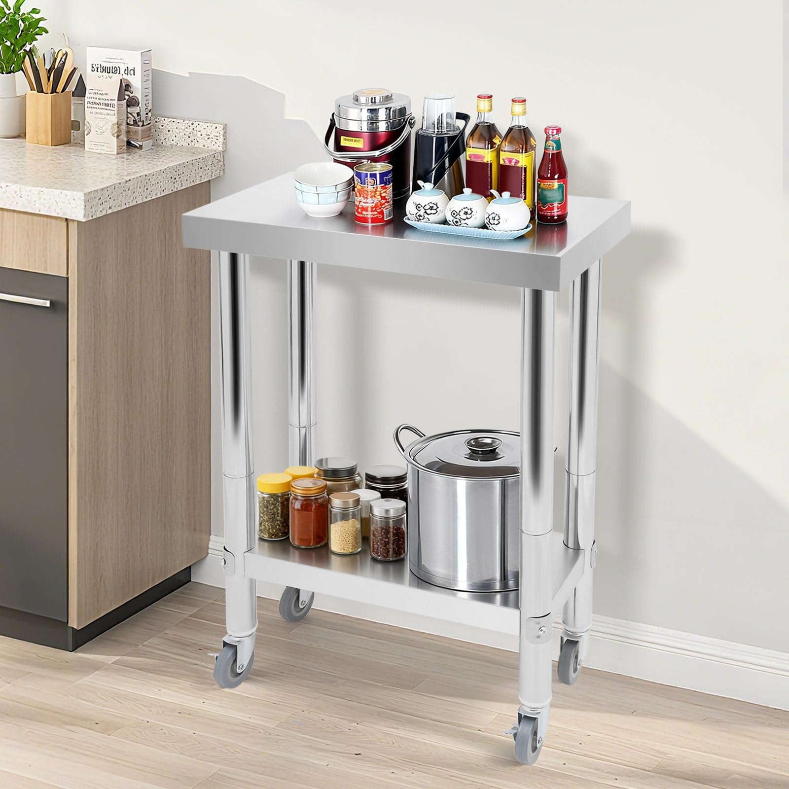 Table de Travail INOX,Table de Travail Cuisine,Préparation 2 Niveaux,Rangement 2 Niveaux,Équipée de 4 roulettes Dont 2 avec Frein,Charge 300kg, Cuisine Restaurant Hôtel Maison,60x45x85cm