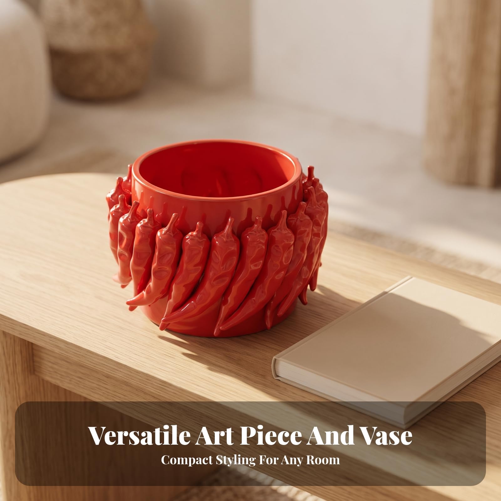 Vase mit Chili Design r Zylindrischer Blumentopf für Kleine Zimmerpflanzen Tisch Regal Schreibtisch Wohnzimmer Einrichtungsgegenstand in