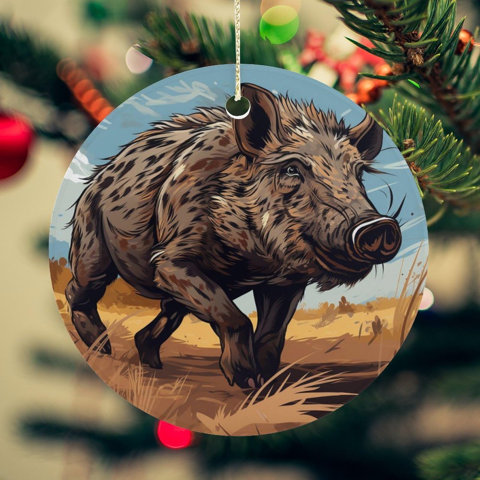 Cartoon Wild Boar Christmas Ornament for Christmas Tree Ceramic Round Ornament Winter Holiday Keepsake Gift 2.7" Christmas Tree Hanging Decorations Circle Ceramic Pendant Xmas Gift