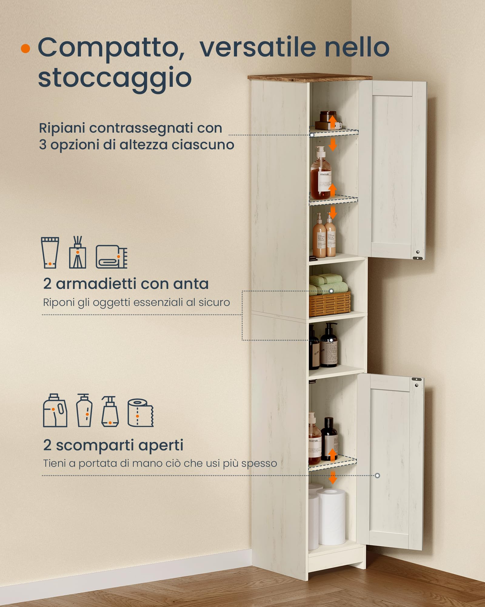SONGMICS HOME Mobiletto da Bagno Stretto, Snapsemble Montaggio Rapido, Mobile Compatto con Ripiani Regolabili per Soggiorno, Ingresso, 30 x 30 x 170 cm, Bianco Vintage BBC667WJ01