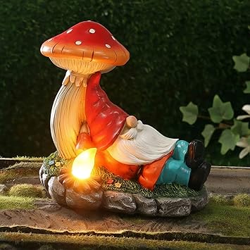 Garden Gnomes Statues with Solar LED Light, Solar Powered Gnome Sculptures for Patio Yard Lawn Balcony Decor Mother's Day Birthday Gifts for Women Mom 8.5 Inch