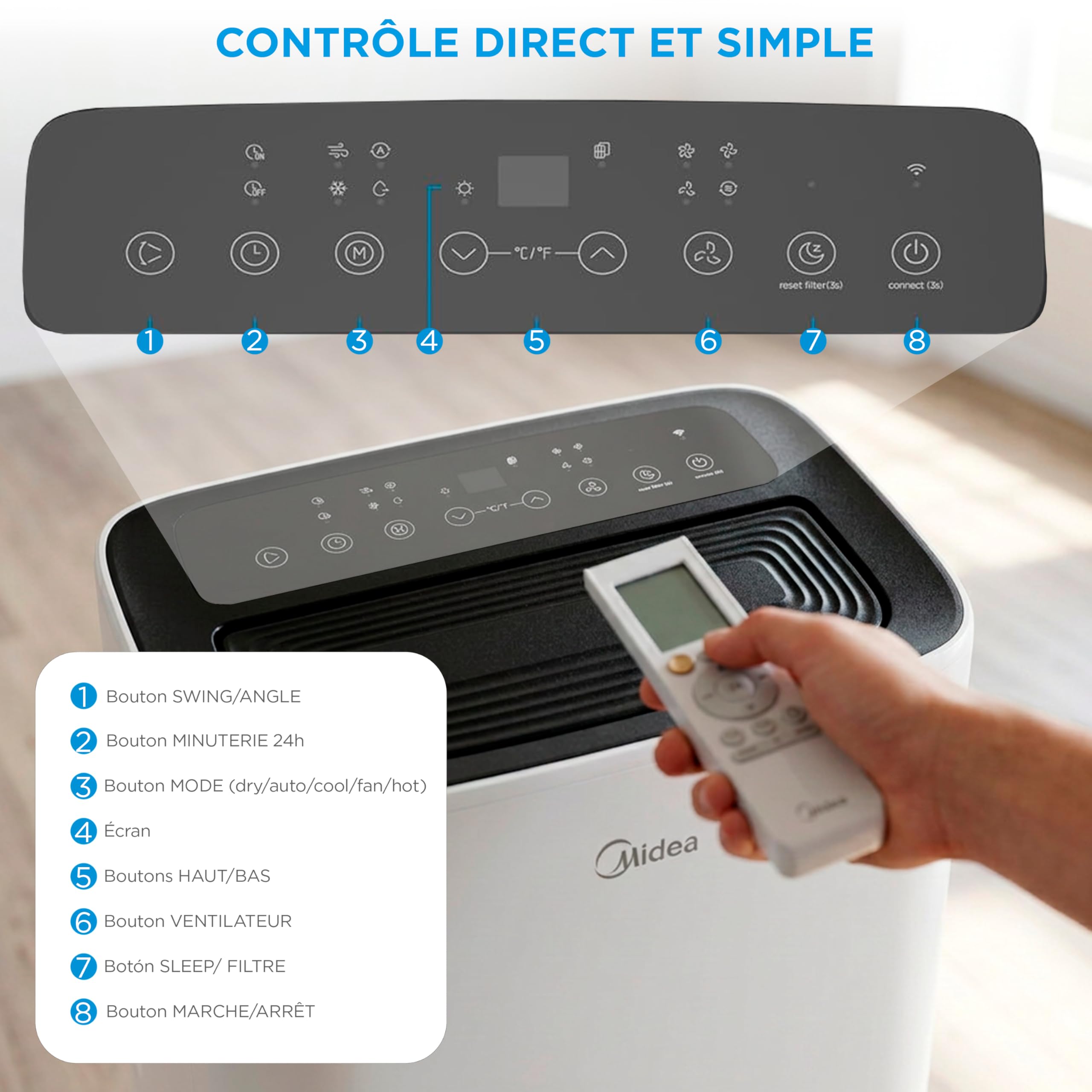 MIDEA Climatiseur Mobile Silencieux 12000 BTU avec Évacuation - Chauffage et Climatisation Portable Prêt à Poser 3500W - Clim Réversible Split Mobile - Kit de Fenêtre, App Control et Pompe a Chaleur