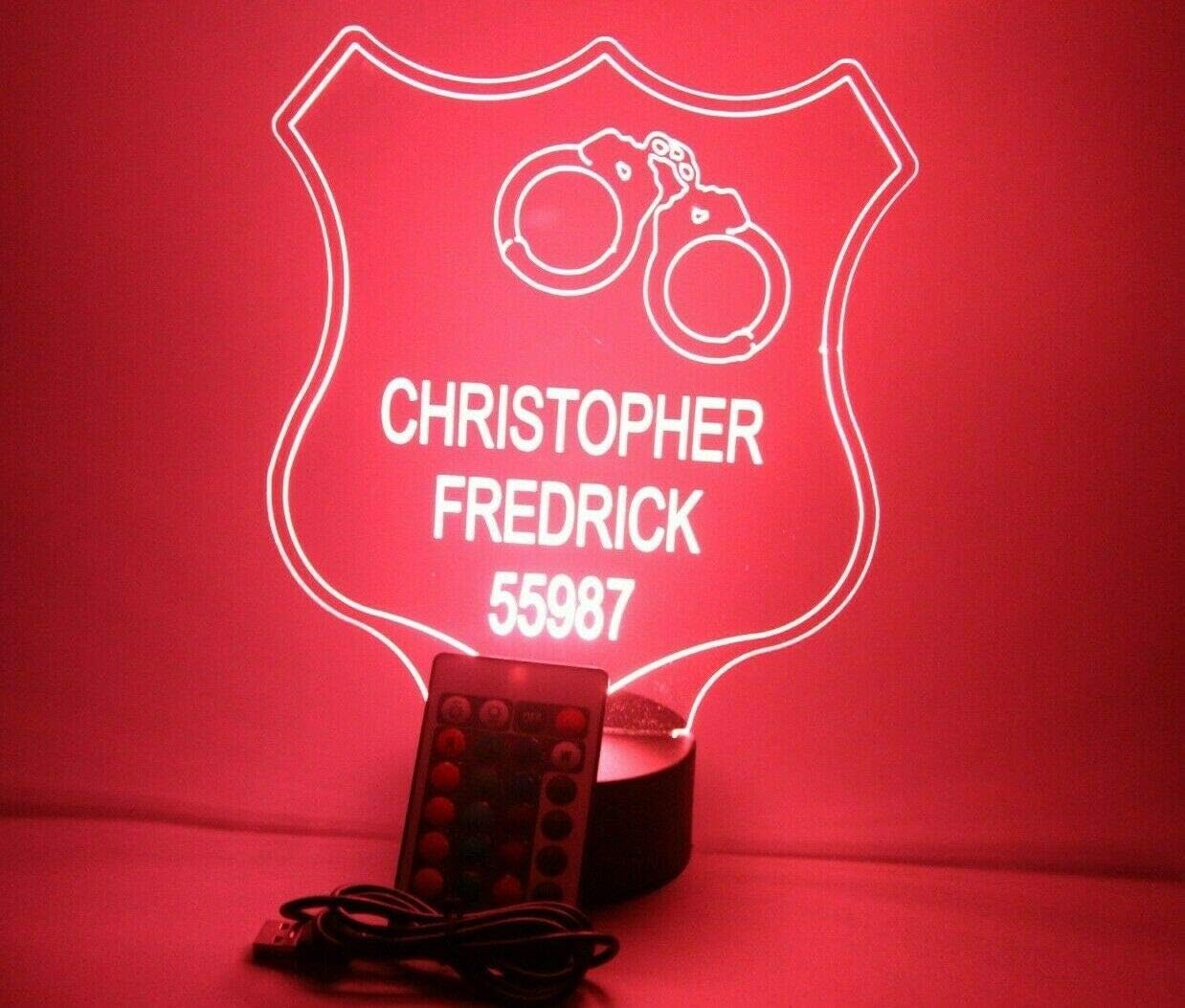 MIRROR MANIA Police Badge Night Light Up Table Lamp LED Personalized Officer Detective Sergeant Lieutenant Captain Chief Name Free Engraved - It's Wow, with Remote, 16 Colors, Great Gift