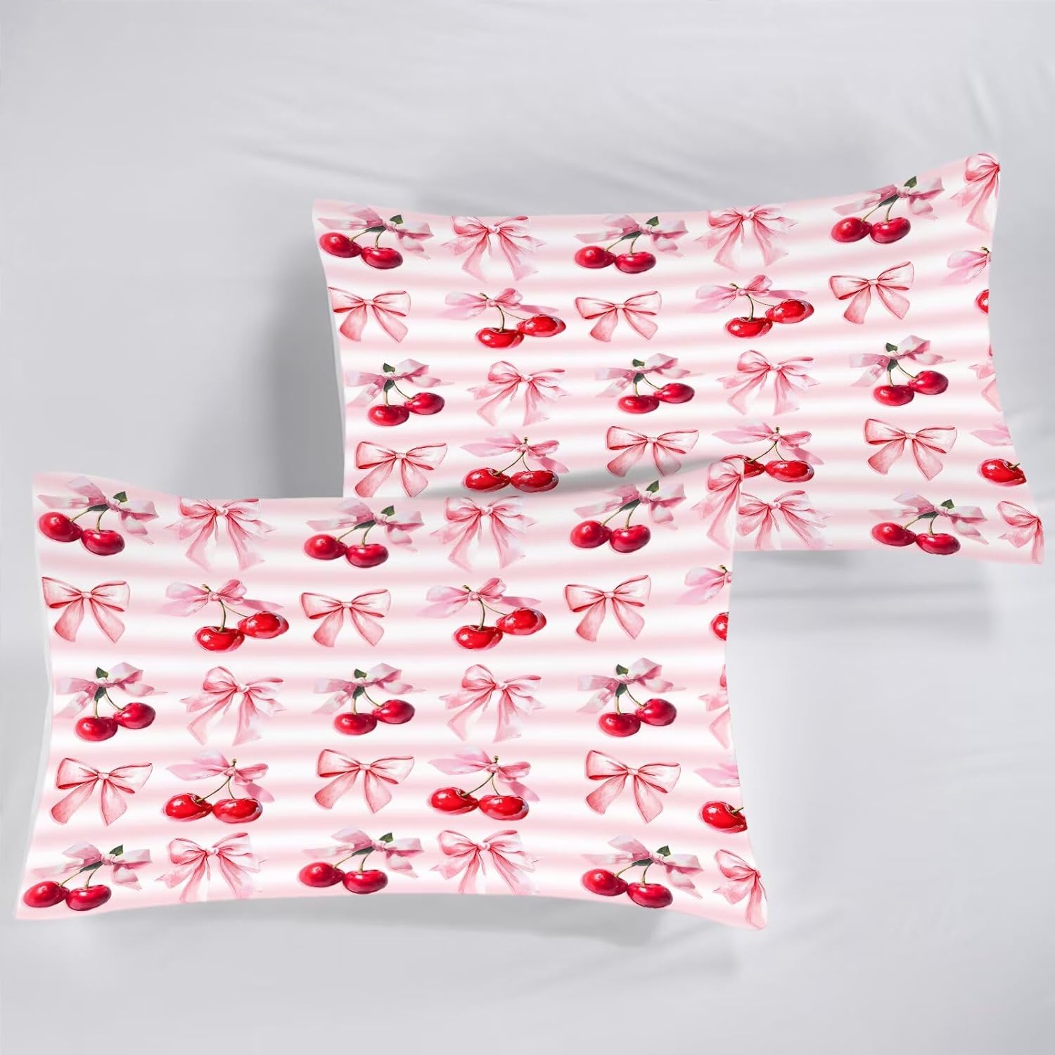Pink Cherry Bow Bedding Set Full/Queen Size Fruit Comforter for Kids Girls Teen Women Kwaii Bowknot Dreamy Aesthetic Princess Ribbon Bedroom Decor Quilt Bed Sets, 1 Comforter 2 Pillowcases