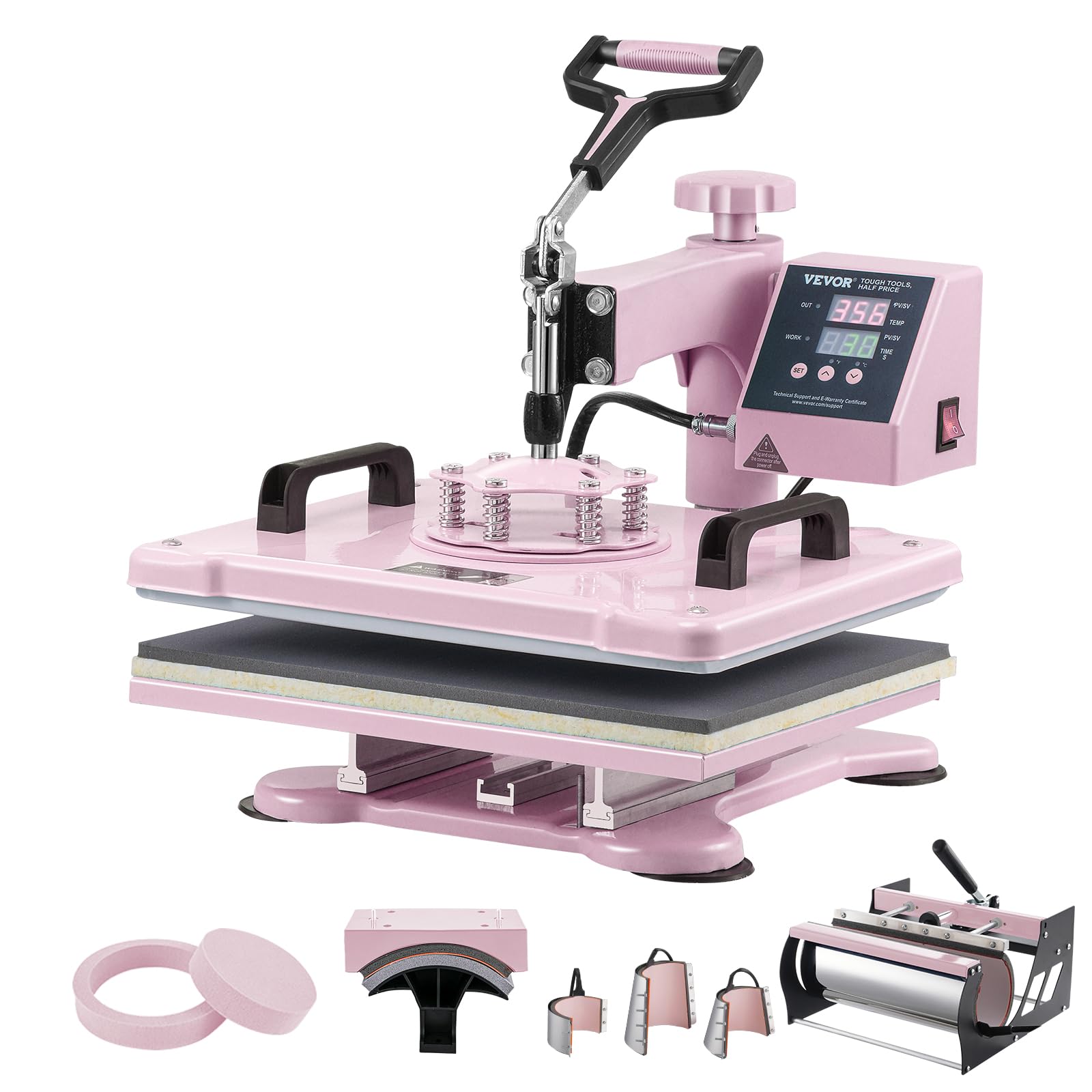 VEVOR8 in 1 Heat Press Machine Combo with 30 OZ Tumbler Press & Hat Press 12x15 inch Heat Press for T-Shirts, Hats Caps Tumblers Glass Cans Mugs, and Plates (Pink)
