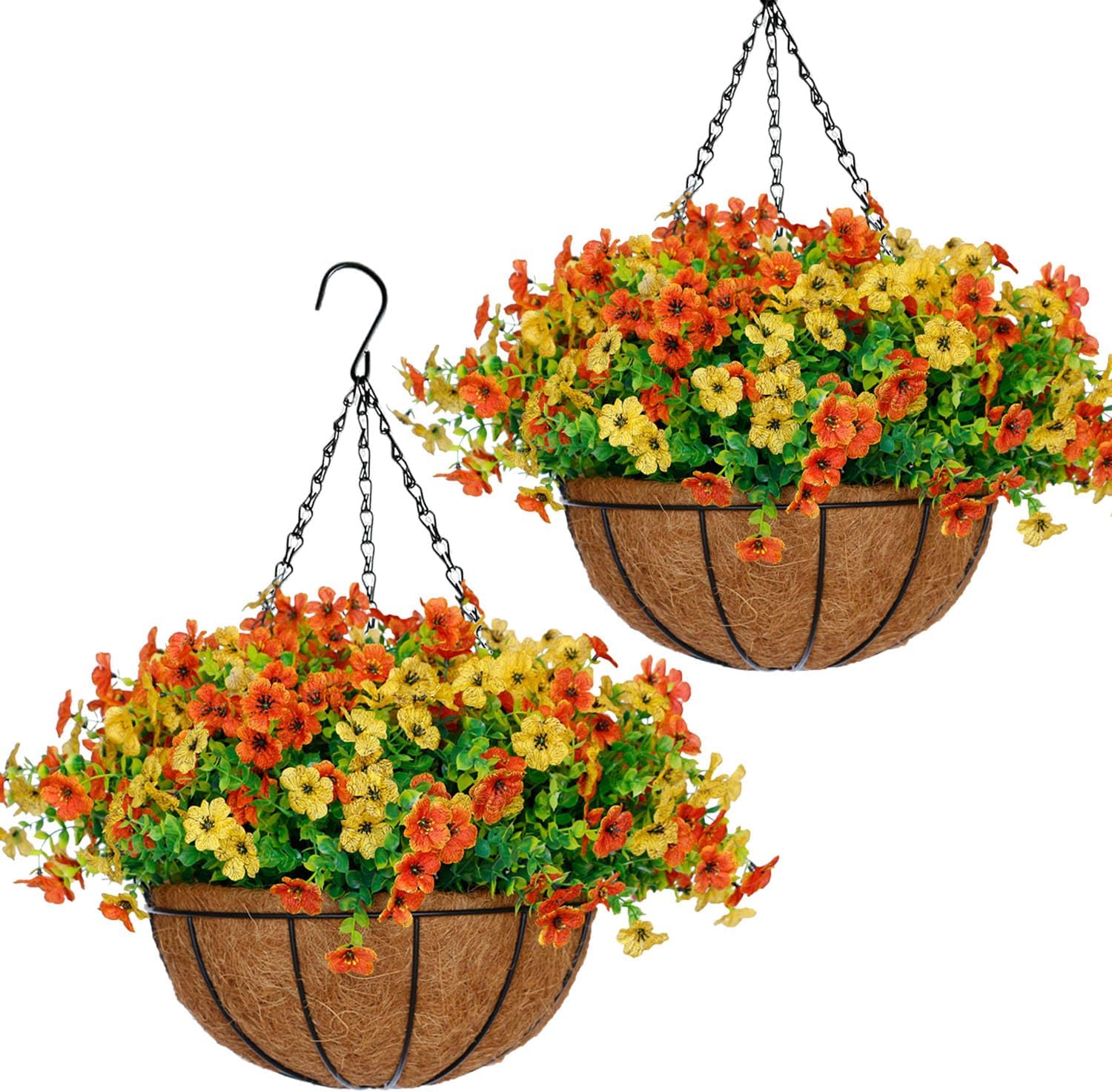 2 Set 14 Inch Large Artificial Fall Hanging Baskets with 36 Pcs Faux Mums Flowers for Outdoor, Lifelike Silk Floral Arrangement for Porch Garden Balcony and Home Patio Yard Fall Decor (Orange Yellow)
