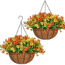 2 Set 14 Inch large Artificial Fall Hanging Baskets With 36 Pcs faux Mums Flowers for Outdoor , Lifelike Silk Floral Arrangement for Porch Garden Balcony and Home Patio Yard Fall Decor Orange Yellow