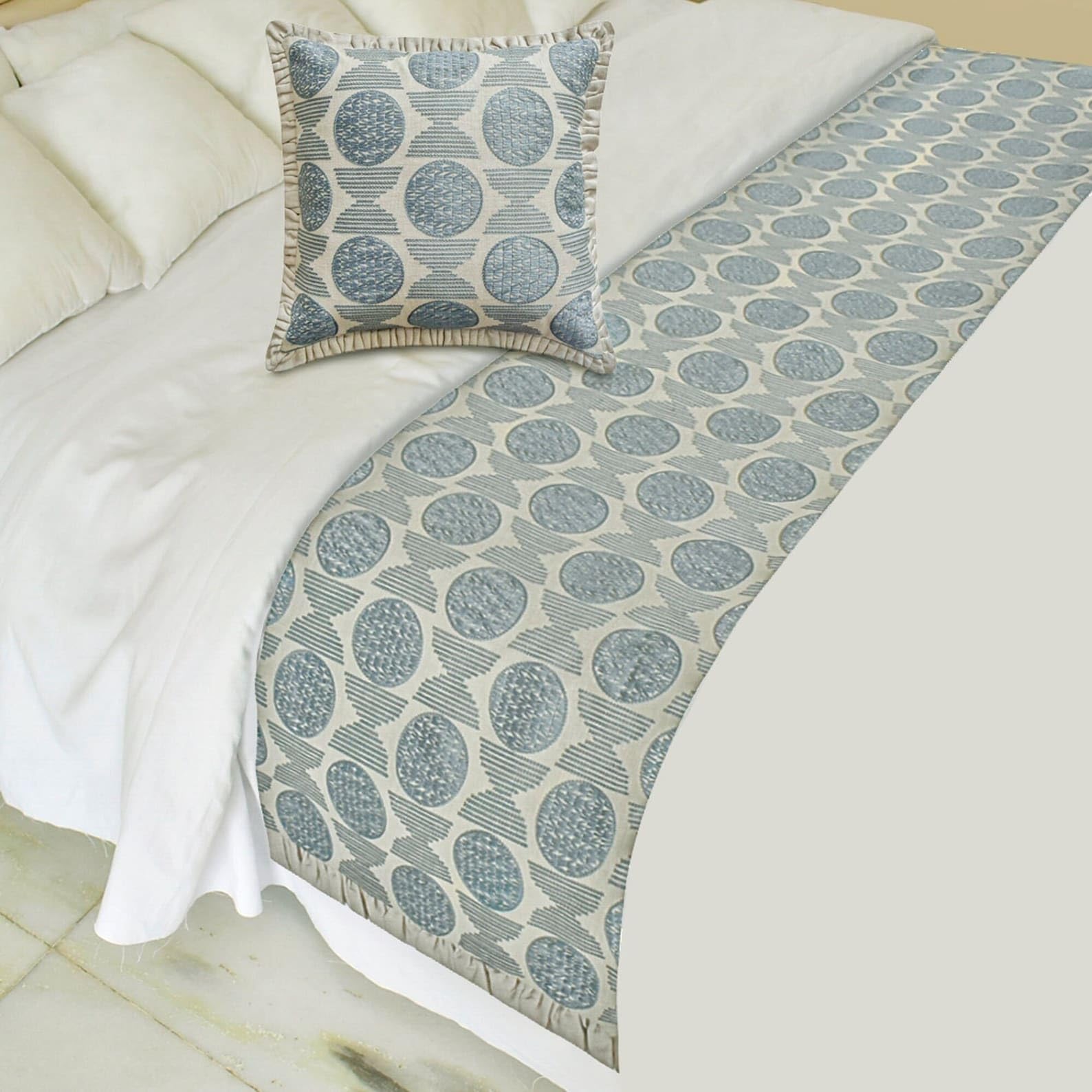 The HomeCentric King/Queen/Twin Blue Decorative Bed Runner Queen 185x45 cm Bed Runner With One Cushion Cover, Embroidery, Ruffles Bed Scarf on Linen fabric - Ellara Blue