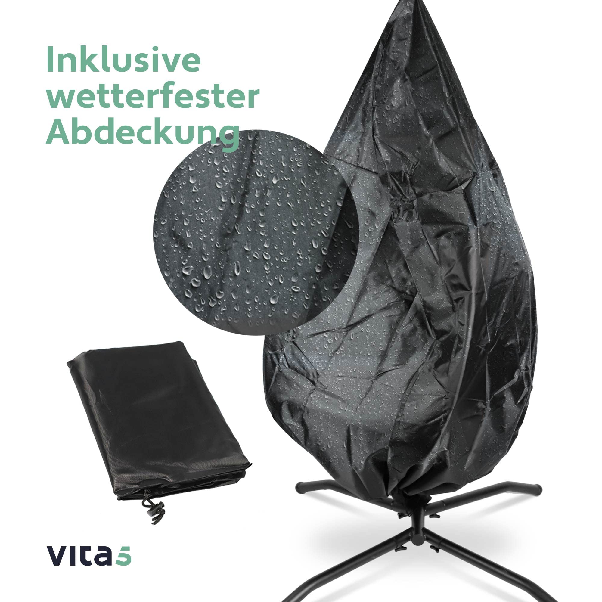 VITA5 Hängesessel mit Gestell - Bequemer Hängekorb Sessel - Rattan Hängesessel Outdoor und Indoor - Boho Egg Schaukel für Terrasse&Leseecke - 150 kg Tragkraft (Grau)