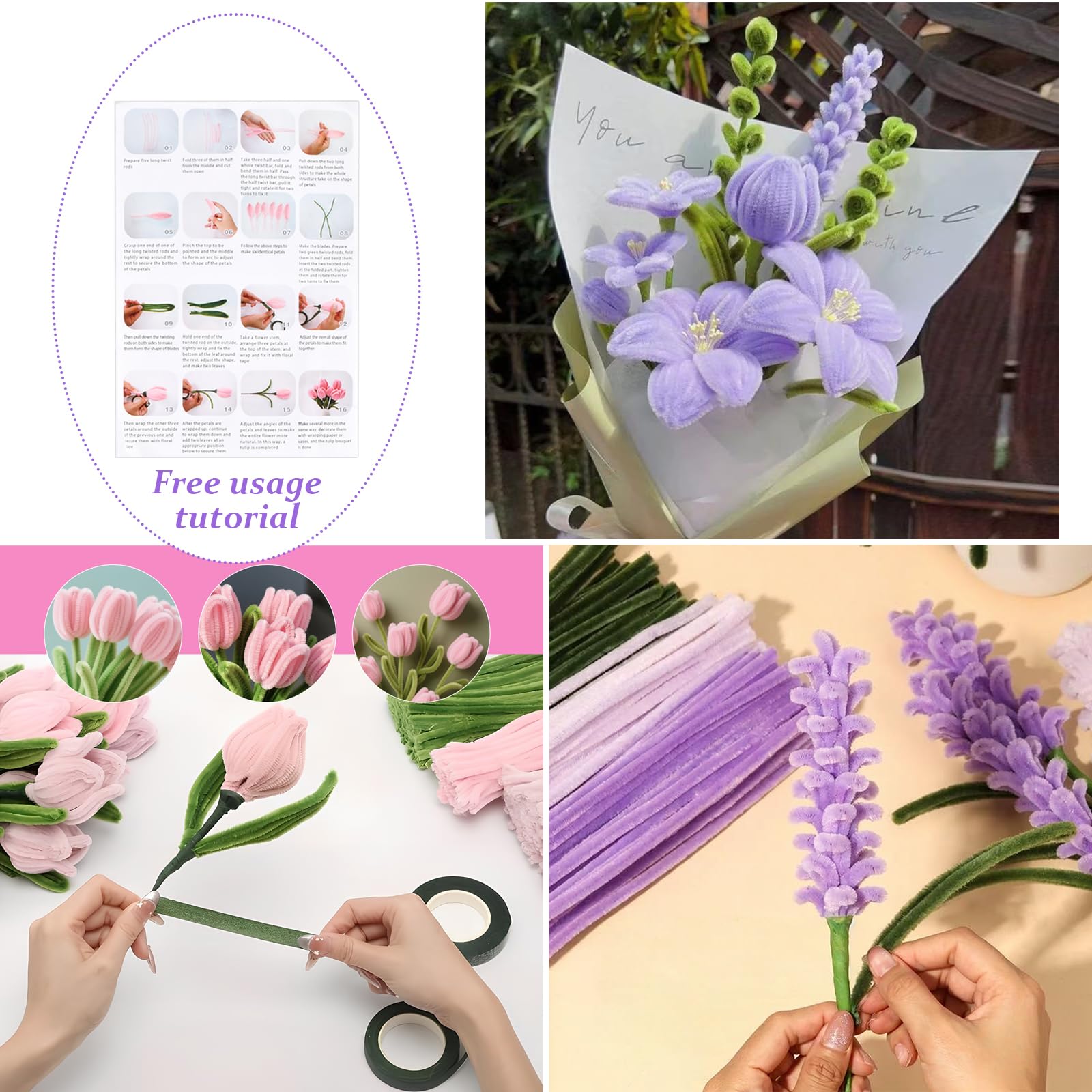 Set Di 210 Scovolini In Ciniglia Per Fiori Fai Da Te - Crea Bouquet Di Tulipani E Gigli - Rosa E Verde