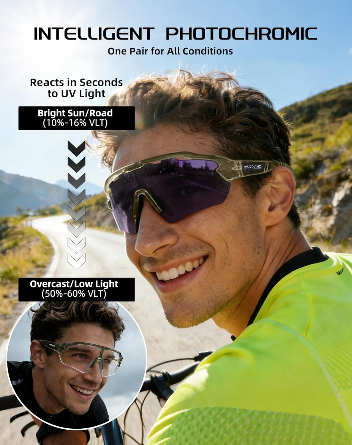 InnerKing Photochromic Cycling Sunglasses for Men Women, Transition Bike Glasses, UV Protection Eyewear for Fishing Running