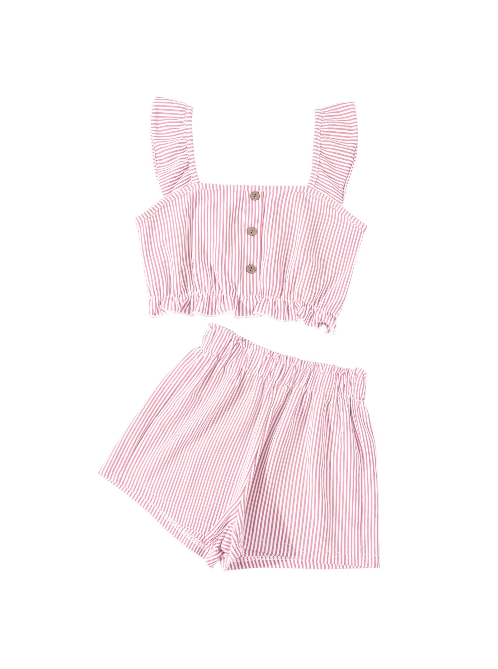 Girl's Summer Clothing Sets Knit Ruffle Striped T-Shirt and Shorts 2 Piece Outfits