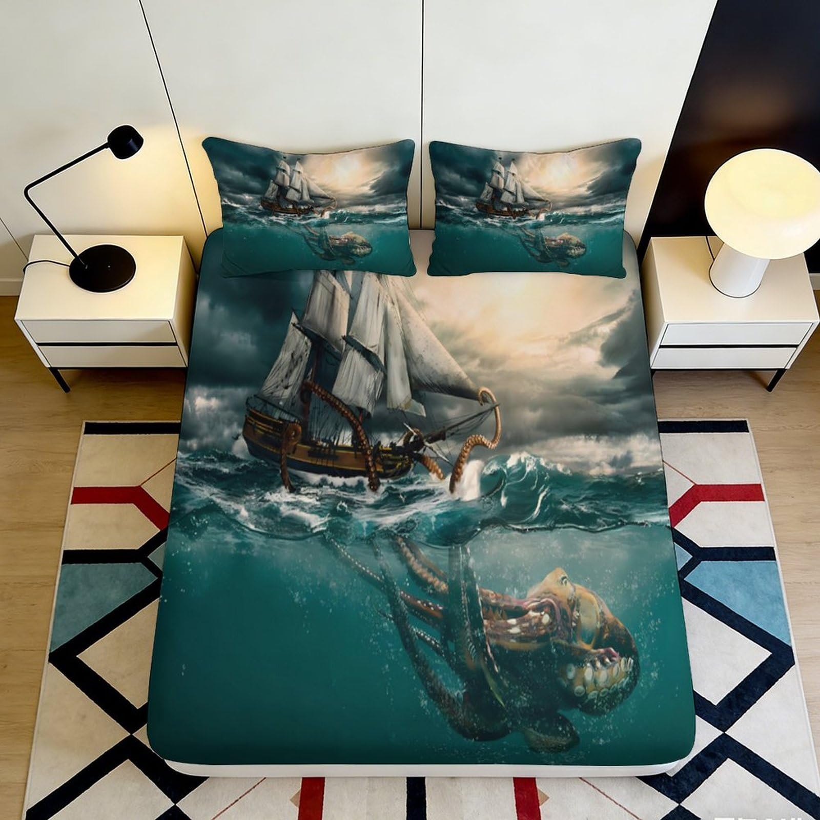 3D Printed Ocean Ship Fitted Sheet Microfiber Soft Breathable Pirate Storm Bed Cover for Bedroom Dorm Decor Mattress Protection 90x200x25cm