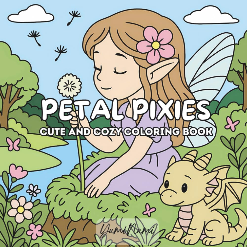Petal pixies - cute and cozy coloring book: Hand-drawn coloring book for adults & teens - featuring fairy and adorable animals characters