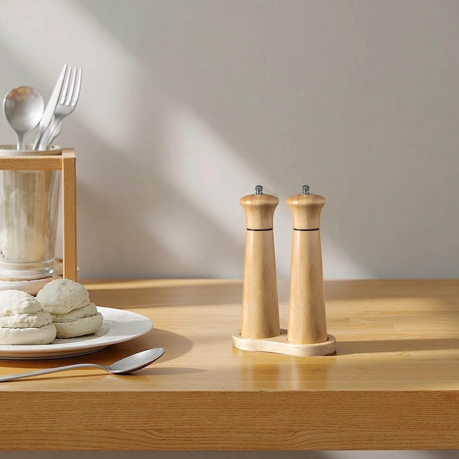 2 Pcs Wooden Manual Refillable Salt And Pepper Grinder Set, Rubberwood Mill With Ceramic Grinder, Oak Base Tray, For Kitchen Dining Seasoning