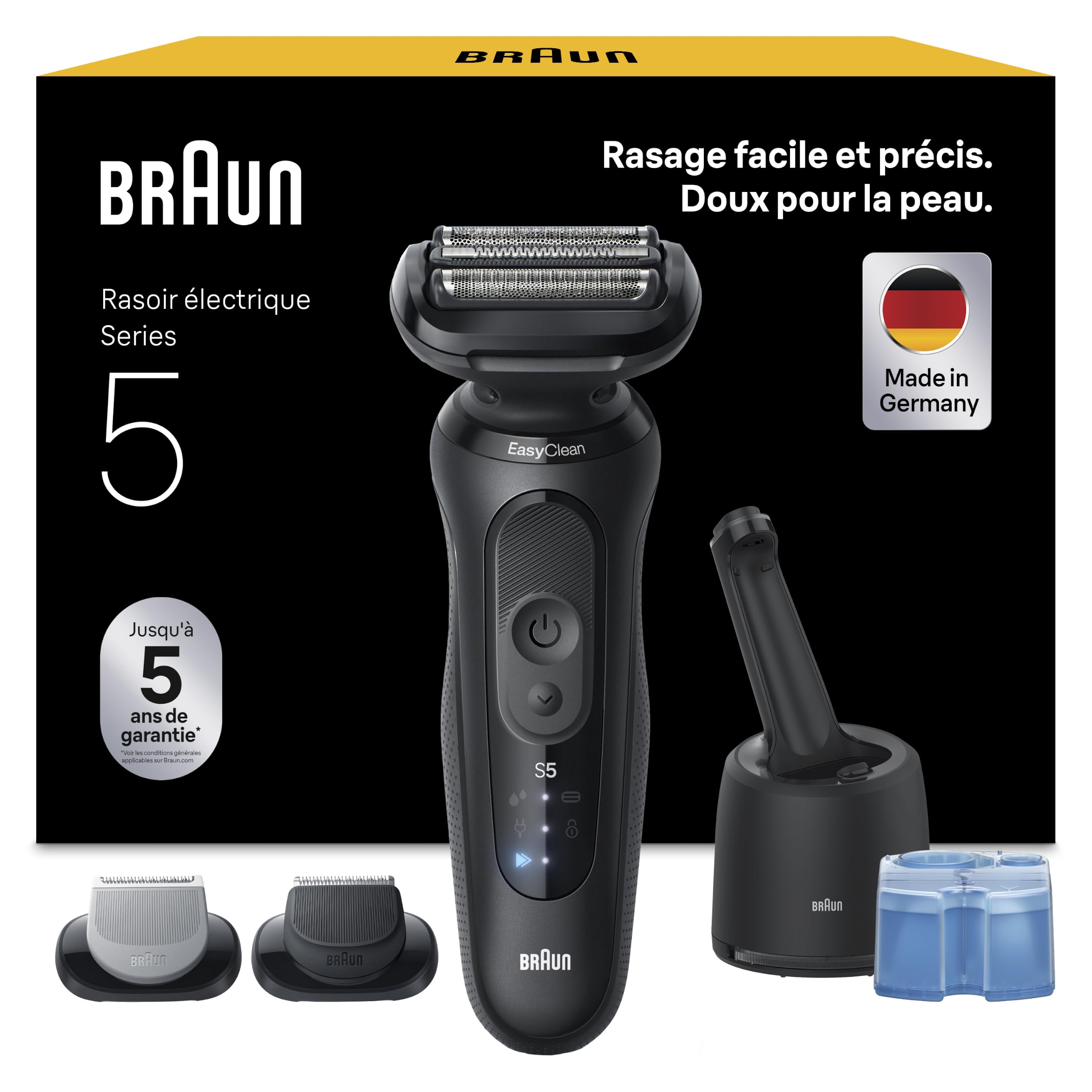 Braun Rasoir Electrique Homme Series 5 52-N7650CC, Noir | Etanche, Batterie Rechargeable, 2 Modes, Lames Flexibles, Station Nettoyante, Accessoires Tondeuse à Barbe et pour le Corps