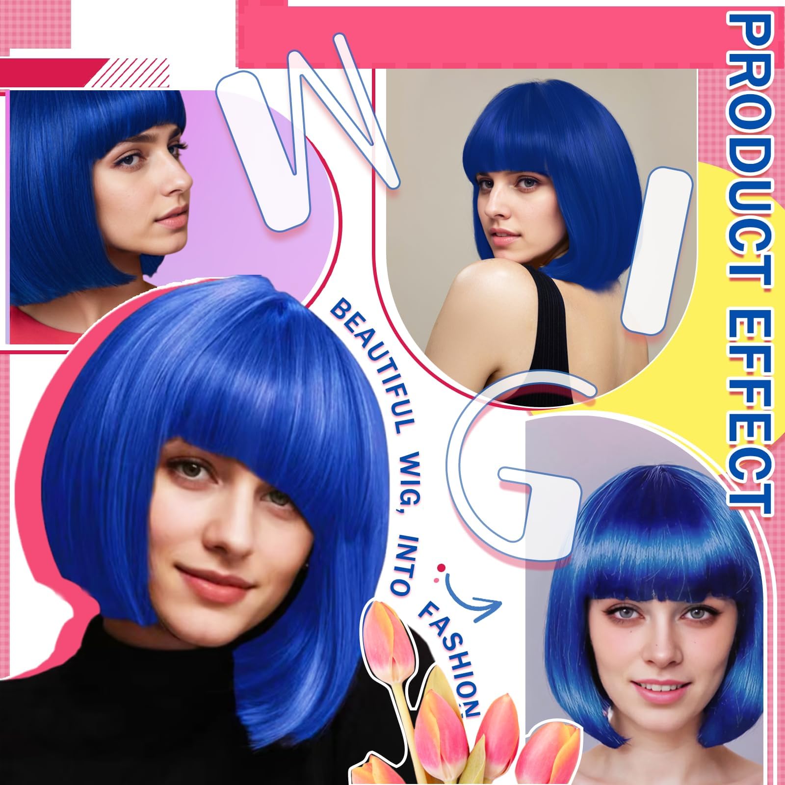 Party Wigs Wig Cap and Sunglass Set,Short Bob Hair Wigs Straight with Flat Bangs Synthetic Colorful Cosplay Daily Party Neon Wig for Women (Royal blue) - Image 3